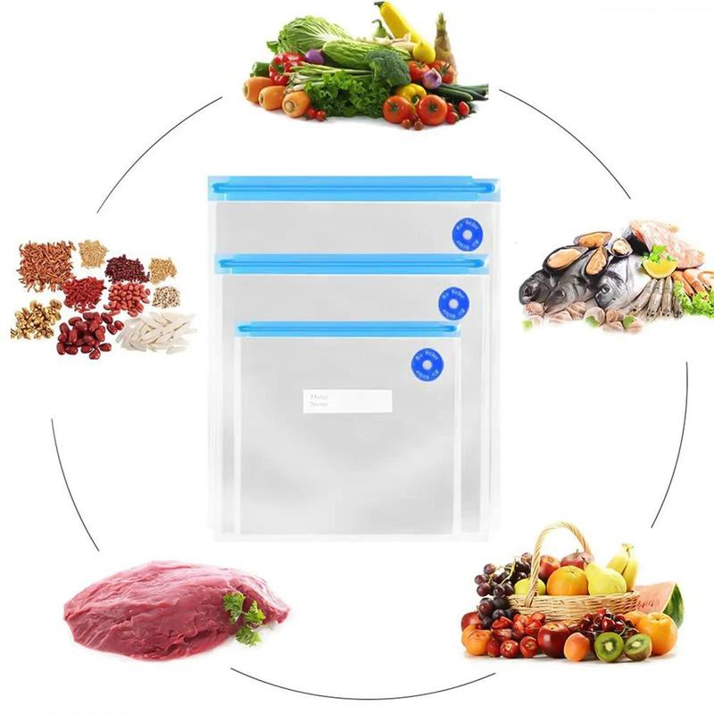 Transparent Zipper Food Storage Bag, 17pcs set Reusable Vacuum Sealed Food Storage Bag, Including 15pcs 3 Sizes Food Bags & 2pcs Sealing Clips, Household Storage Bag for Kitchen