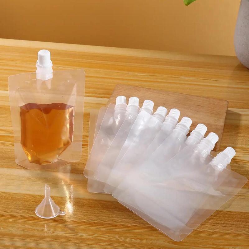 200ml Disposable Clear Liquid Beverage Bag with Mini Funnel, Spout Juice Beverage Pouch, Leak Proof Refillable Dispensing Pouch for Travel Shampoo Lotion