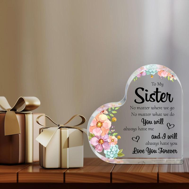 Flower Pattern Acrylic Heart Shaped Ornament, Creative Sister Gift, Birthday Thank You Gift for Women, Desktop Decoration, Friendship Gift, Holiday Accessory