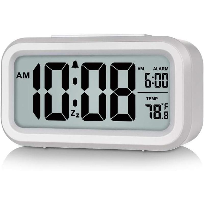 Night Light Digital Alarm Clock Battery Operated with Indoor Temperature, Desk Small Clock (White)