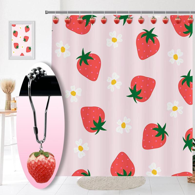 Strawberry Design Shower Curtain Hook, 12 Sets Anti-rust Shower Curtain Hooks, Bathroom Accessories for Home Bathroom