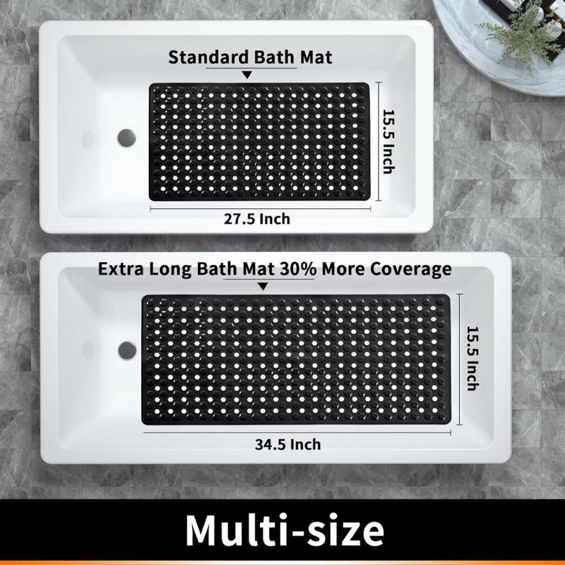 Bathtub Shower Mat, Long Non Slip Bath Mats for Tub with Drain Hole and Suction Cups, Soft on Feet, Machine Washable, Easy Dry, 34.5 x 15.5 Inch, Black(Creative Life Pavilion)