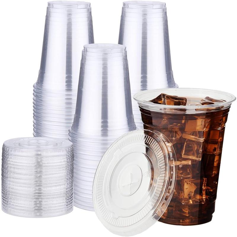 100 Pack of 16 oz. Crystal Clear Plastic Cups with Lids - Disposable Iced Coffee Cups with Flat Lids, Perfect for Party, Lemonade Stand, Cold Drinks like Juice and Milkshake - Sleek and Durable Smoothie Cups