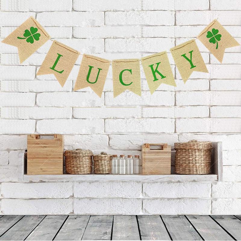 Lucky Shamrock Burlap Garland Banners for St.Patrick's Day Decorations Rustic Burlap Shamrock Clover Banner Garland for Irish Day, Office, Party Supplies Decor