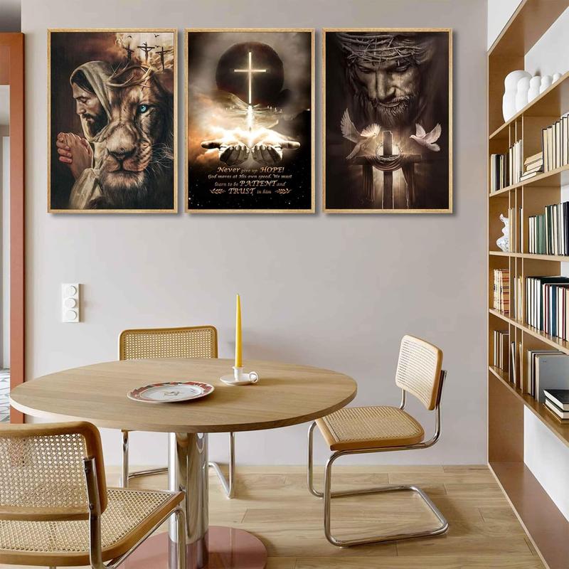 3Pcs Jesus Wall Art Jesus Lion Posters Pictures Christian Paintings Cross Bible Art Canvas Prints Cross And Peace Dove Decor Redemption And God Series for Room Religious Churches Wall Decor Unframed