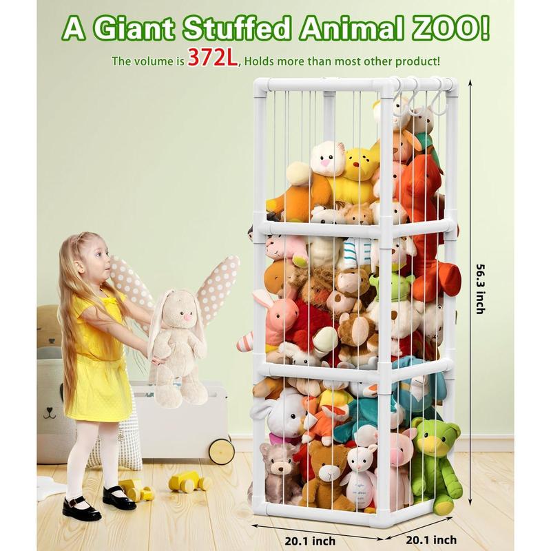 Large Stuffed Animal Zoo with Elastic Cords and Bottom Net, 20''x20''x56'' (372L Capacity) Stuffed Animal Storage, Corner Organizer, Space Save Toy Storage, Plushies Storage for NurseryKids' Playroom