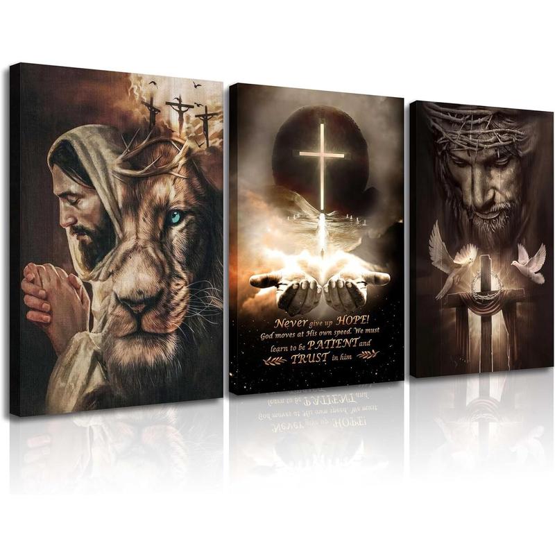 3Pcs Jesus Wall Art Jesus Lion Posters Pictures Christian Paintings Cross Bible Art Canvas Prints Cross And Peace Dove Decor Redemption And God Series for Room Religious Churches Wall Decor Unframed