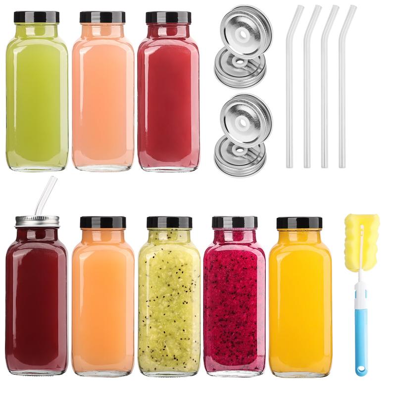 8 Pack 16 OZ Glass Juice Bottles with Airtight Lids & 4 Straws & 4 Lids w Hole, Reusbale Clear Glass Homemade Drinking Jars, Glass Bottles for Juicing, Smoothies, Water, Milk, Kombucha