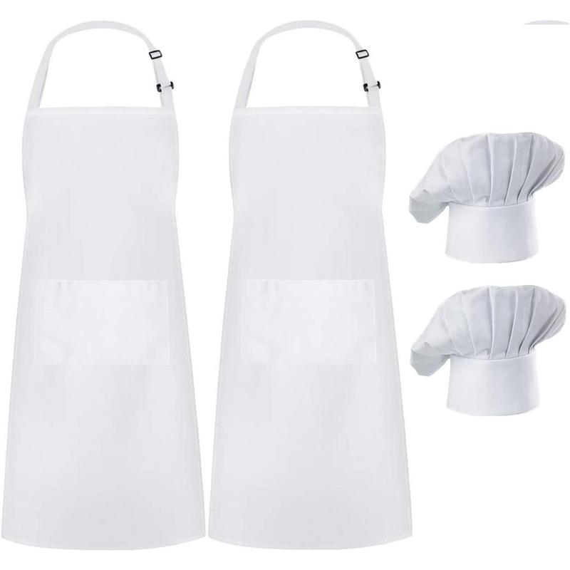 2 Pack Chef Apron Hat Set, Adjustable Bib Cooking Aprons Water Drop Resistant Baker Kitchen Cooking for Women Men Father's Gift(White)