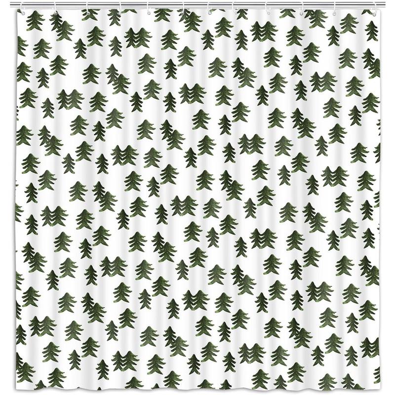 Winter Shower Curtain Green Christmas Tree Winter Snow Forest Bathroom Decor Teal Green Pine Tree Bath Curtain Winter Nature Scene Xmas Holiday Hooks Included 70X70IN