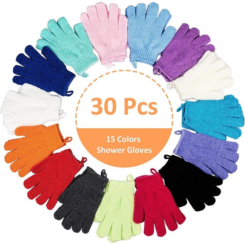 30 Count Exfoliating Gloves for Shower, 15 Colors Body Exfoliator Glove with Hanging Loop, Scrub Exfoliate Glove Mitt Bath Face Spa Hand Scrubber Wash Deep Scrubbing Dead Skin for Women Men Personal Personal