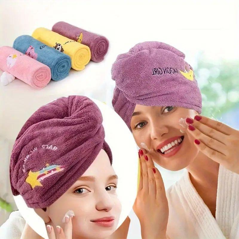 Cute Embroidered Hair Drying Towel, 1 Count Soft Coral Fleece Hair Towel Wrap, Absorbent Shower Cap for Women & Girls