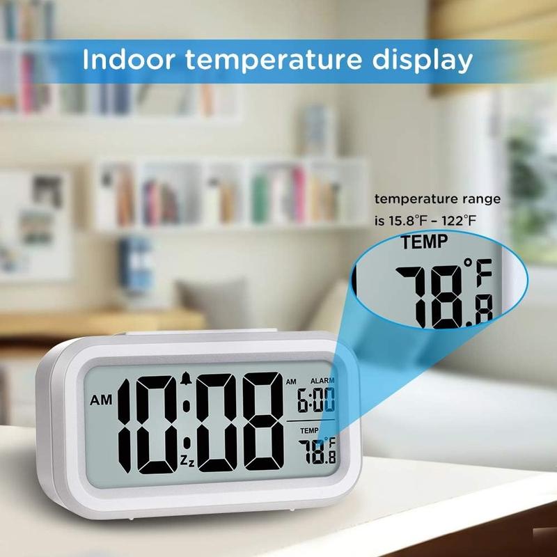 Night Light Digital Alarm Clock Battery Operated with Indoor Temperature, Desk Small Clock (White)