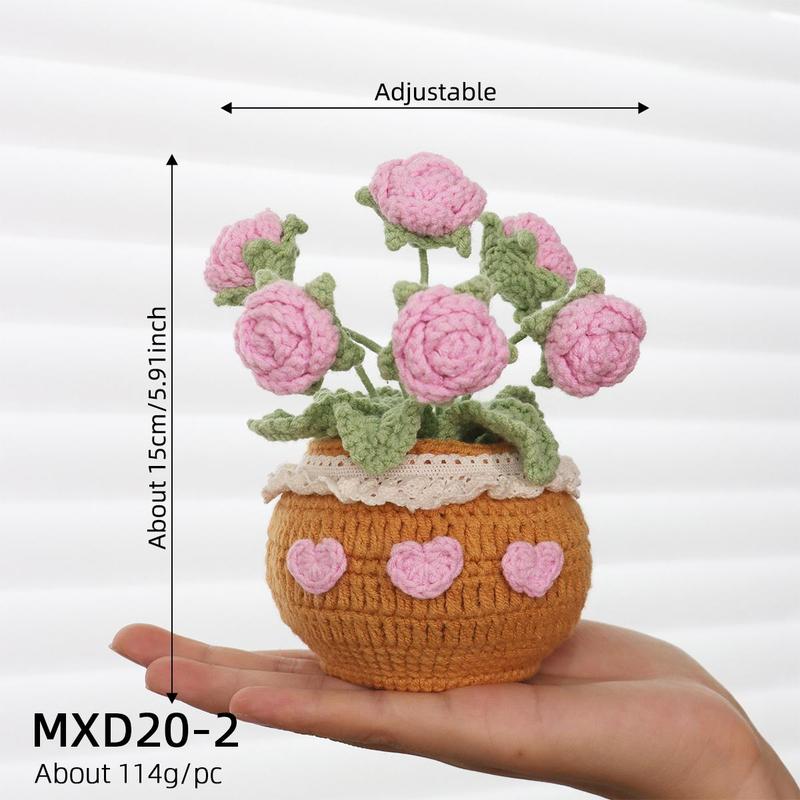 Handmade Knitted Rose Artificial Potted Flower, 1 Count Crochet Flower, Desktop Decorative Flower Pot for Home Office Decor, Gift for Friend & Family, Christmas 2024 Ornament, Christmas Gift Ideas, Crocchet Flowers Home Decor