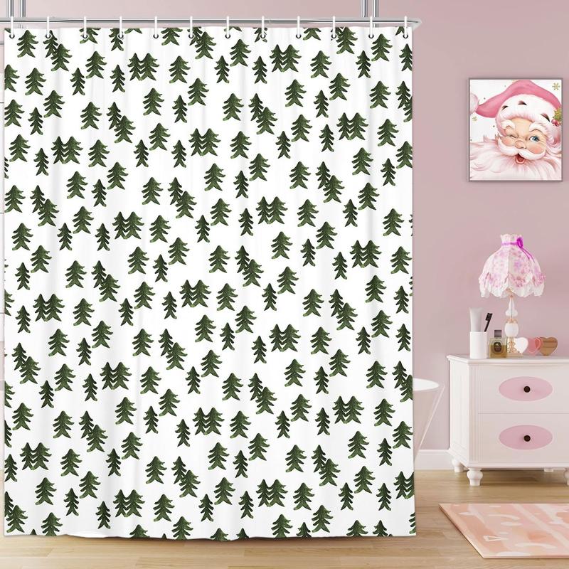 Winter Shower Curtain Green Christmas Tree Winter Snow Forest Bathroom Decor Teal Green Pine Tree Bath Curtain Winter Nature Scene Xmas Holiday Hooks Included 70X70IN