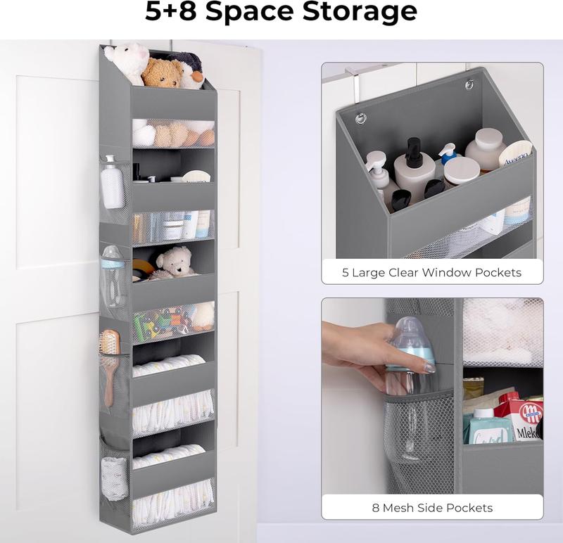 2 Pack 5-Shelf 5-Shelf Over The Door Organizer, Hanging Door Organizer with 5 Large Capacity Pockets and 8 Mesh Pockets, Swing-Proof Behind Door Organizers and Storage, Gray