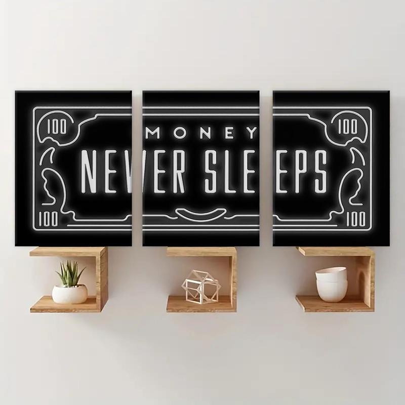 Money Pattern Decorating Wall Art, 3 Counts set Wooden Framed Canvas Wall Decor, Modern Art Wall Decoration for Home Living Room Bedroom Office Dormitory, Wall Art Painting Room Decor, Christmas 2024 Ornament, Christmas Gift Ideas, Stocking Stuffers