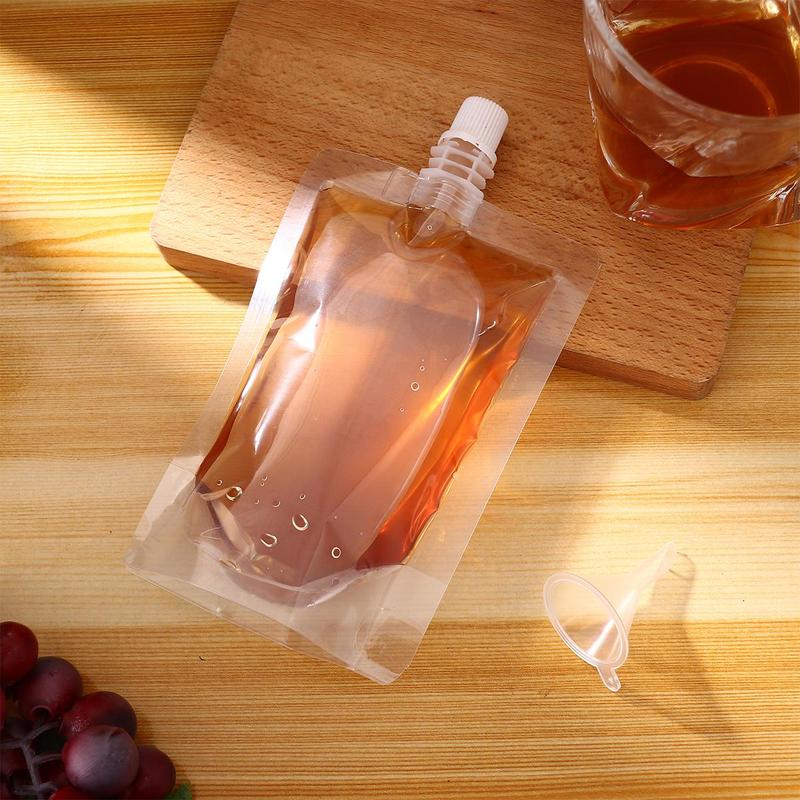 200ml Disposable Clear Liquid Beverage Bag with Mini Funnel, Spout Juice Beverage Pouch, Leak Proof Refillable Dispensing Pouch for Travel Shampoo Lotion