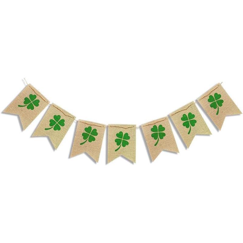 Lucky Shamrock Burlap Garland Banners for St.Patrick's Day Decorations Rustic Burlap Shamrock Clover Banner Garland for Irish Day, Office, Party Supplies Decor