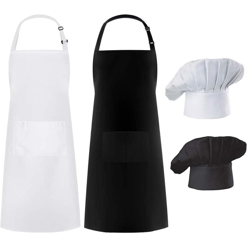 2 Pack Chef Apron Hat Set, Adjustable Bib Cooking Aprons Water Drop Resistant Baker Kitchen Cooking for Women Men Father's Gift(White)