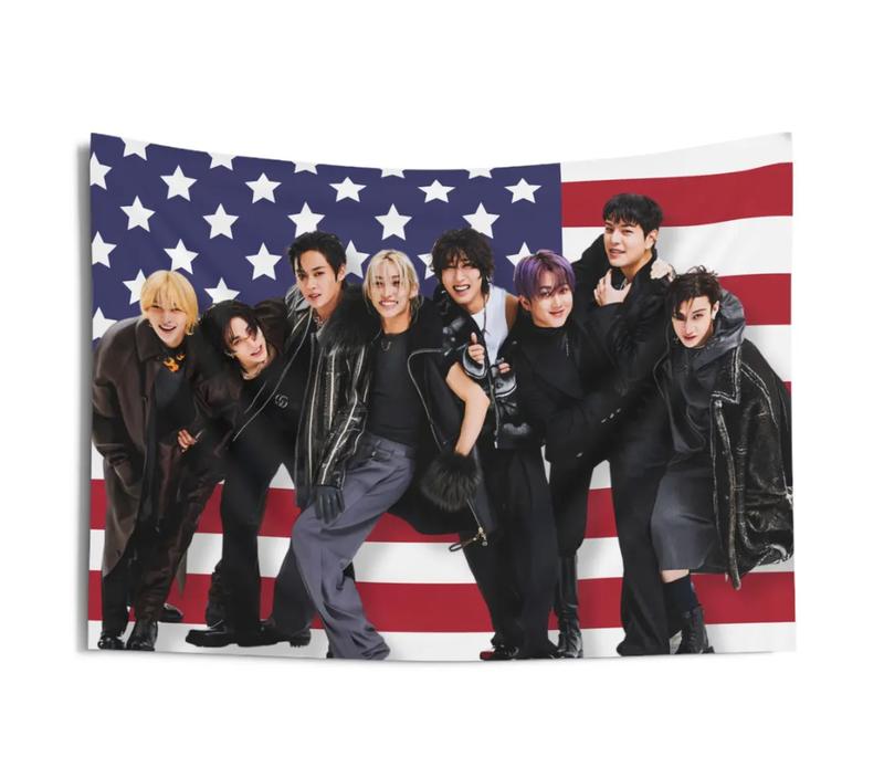 Skz Members Magazine America Flag Banner, Ate Stray Kids Kpop Flag, Skz Tour Merch, Gift Ideas for Stays, Birthday Gift & Concert Merch - Home Decor