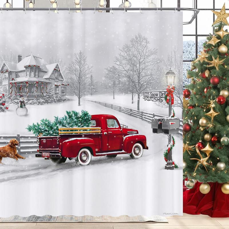 PAUSEBOLL Winter Christmas Shower Curtain White Snow Vintage Red Truck Holiday Trees and Pet Dog Welcome Home Bathroom Shower Curtain with Hooks Waterproof Home Decor Curtain 72x72 Inch