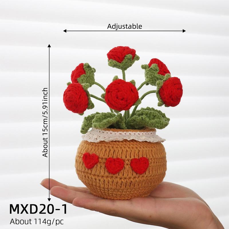 Handmade Knitted Rose Artificial Potted Flower, 1 Count Crochet Flower, Desktop Decorative Flower Pot for Home Office Decor, Gift for Friend & Family, Christmas 2024 Ornament, Christmas Gift Ideas, Crocchet Flowers Home Decor