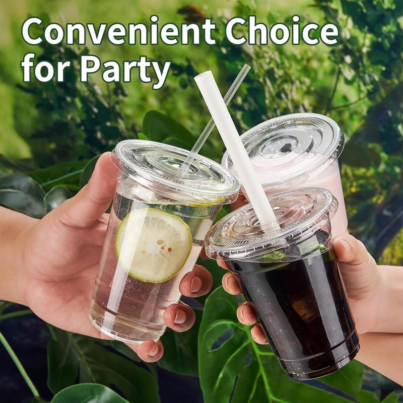 100 Pack of 16 oz. Crystal Clear Plastic Cups with Lids - Disposable Iced Coffee Cups with Flat Lids, Perfect for Party, Lemonade Stand, Cold Drinks like Juice and Milkshake - Sleek and Durable Smoothie Cups