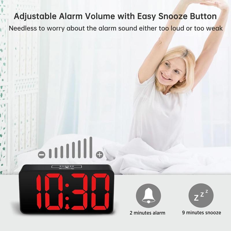 Small Digital  Clock for Bedroom, Large Big Numbers Display with Brightness Dimmer, Electric Bedside Desk Clock with USB  Port, Adjustable  Volume, 12 24Hr, Snooze