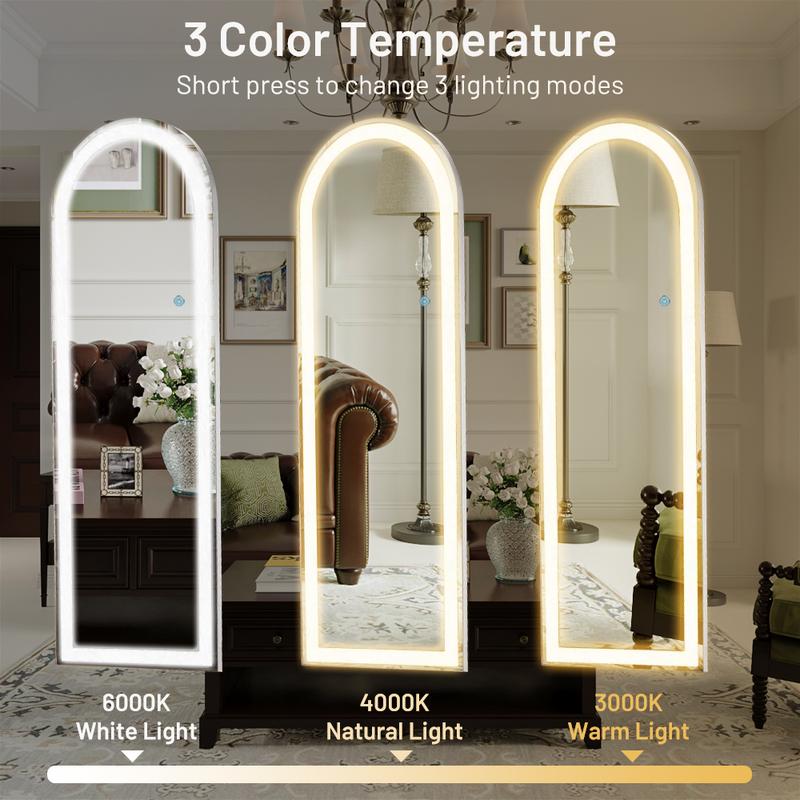 Mirror Full Length with LED Lights, Body Wall Mirrors, Floor Standing Hanging Leaning, Dimmable 3-Color Lighting for Bedroom Cloakroom