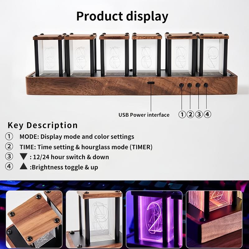 Nixie Tube Clock Walnut Digital Clock, Support Wi-Fi Time Calibration, Electronic Alarm and 12 24h Display, LED Full Color Custom RGB