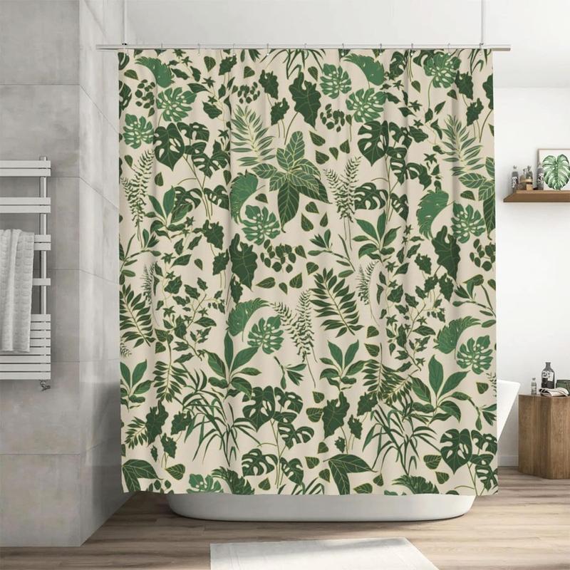 Leaf Print Shower Curtain, 1 Count Punch Free Waterproof Shower Curtain with 12pcs Hooks, Bathroom Supplies for Home Bathroom