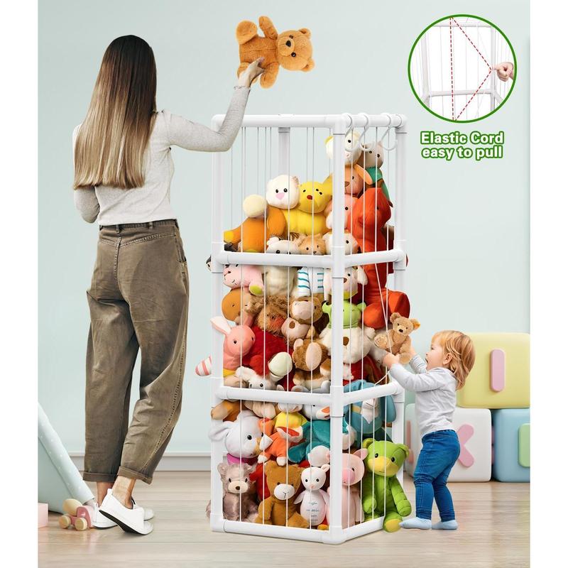 Large Stuffed Animal Zoo with Elastic Cords and Bottom Net, 20''x20''x56'' (372L Capacity) Stuffed Animal Storage, Corner Organizer, Space Save Toy Storage, Plushies Storage for NurseryKids' Playroom