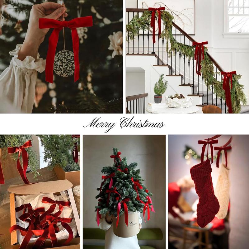 48Pcs Red Velvet Bows for Christmas Tree Decorations Wreath Garland Velvet Bows with Gold Twist Ties, Ribbon Bows for Wreaths, Garlands, Gifts, and Home Decor