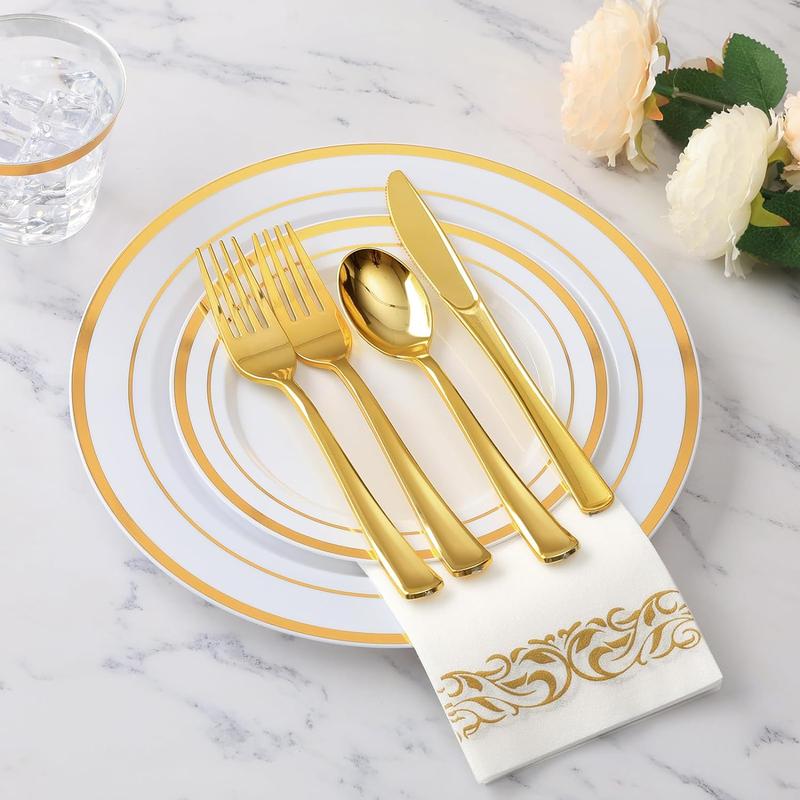 Wellife 700 Piece Gold Rose Gold Silver Dinnerware Set for 100 Guests, Plastic Plates Disposable for Party, Include: 100 Dinner Plates, 100 Dessert Plates, 100 Paper Napkins, 100 Cups, 100 Silverware Set(Gold)