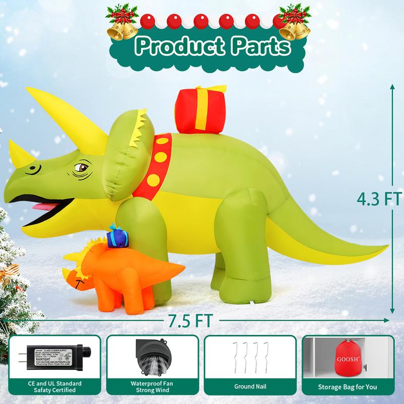 GOOSH 7.5 FT Length Christmas Inflatables Green Triceratops Dinosaur with Baby Dino Carry Gift Box, Blow Up Yard Decorations with Built-in LED Lights for Garden Lawn Outdoor Yard Xmas Winter Holiday  Ornaments