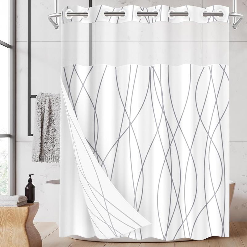 No Hook Black and White Striped Shower Curtain with Snap in Fabric Liner Set, Double Layers Waterproof Fabric with See Through Top Window Open Grommet Bath Curtain 71x74 Inch Door