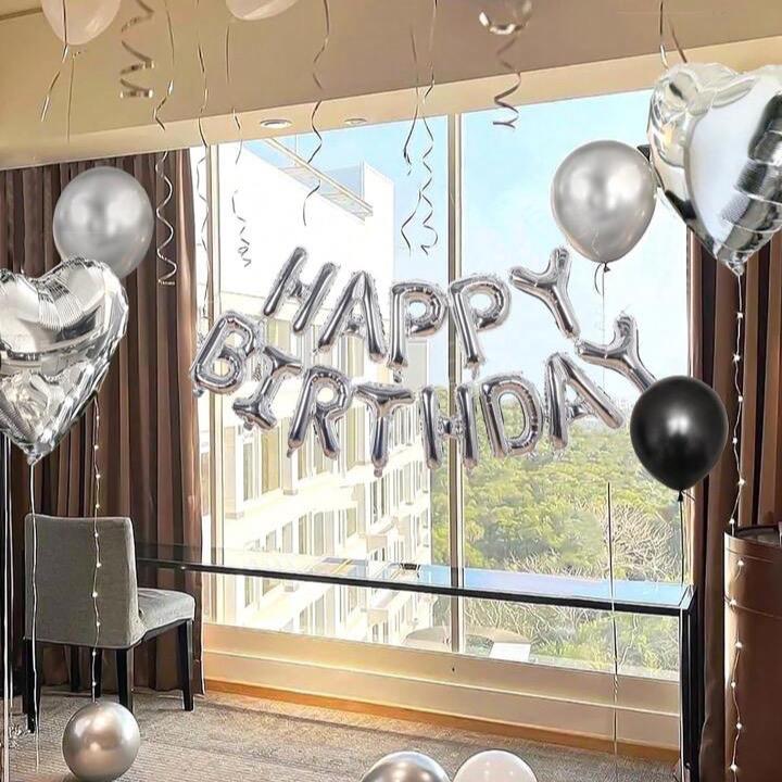 45pcs Black White Silver Birthday Party Decoration Balloons Set with 16 Inch Silver Happy Birthday Banner