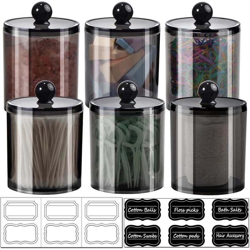 Qtip Dispenser Apothecary Jars Bathroom with Labels - Holder Storage Canister Clear Plastic Acrylic Jar for Ball,Cotton Swab,Cotton Rounds,Floss Picks, Hair Clips Bottles Farmhouse