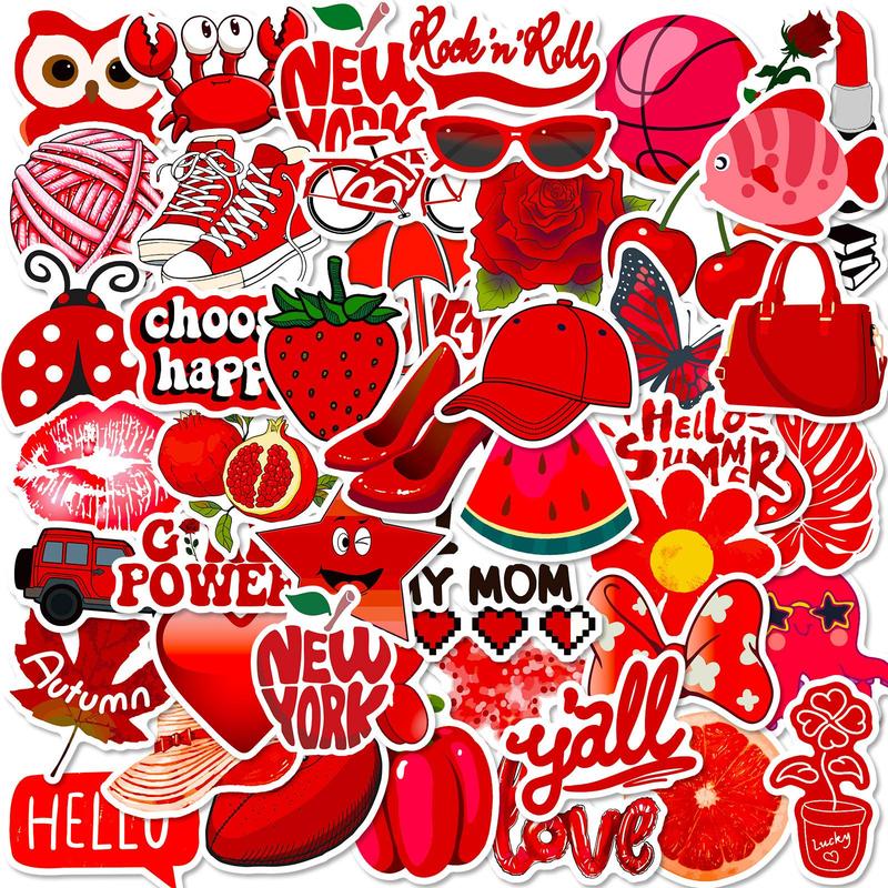 50pcs Red Themed Mixed Pattern Sticker, Cute Cartoon Self-adhesive Decorative Stickers, Diy Decals for Water Bottle, Laptop, Phone Case, Scrapbooking, Journal Making, Gift Wrapping