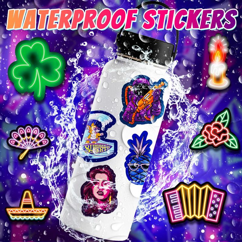 50pcs Colorful Neon Cartoon Pattern Sticker Set, Waterproof DIY Decoration For Scrapbooking, Crafts And Kids Room Wall Decor