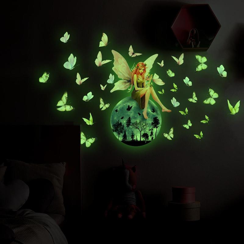 Butterfly & Fairy Pattern Wall Sticker, 1 Count Glow in The Dark Wall Decal, Decorative Sticker for Home Bedroom Living Room