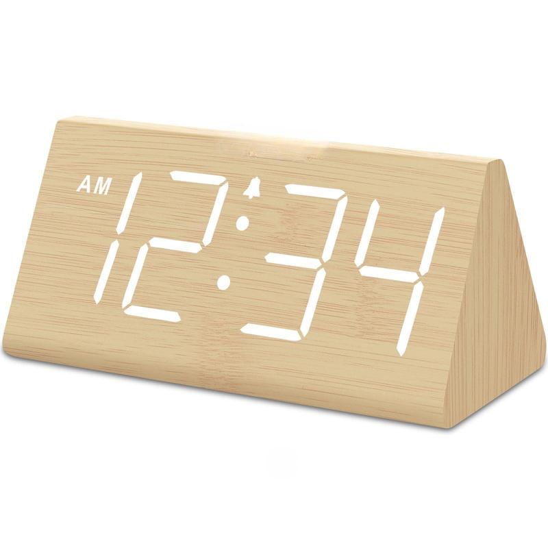 Wooden Digital Alarm Clock for Bedroom - Electric Desk Clock with Large Numbers, USB Port, Battery Backup Alarm, Adjustable Volume, Dimmer, Snooze, DST, 12 24 Hours, Wood Decor (Bamboo White)