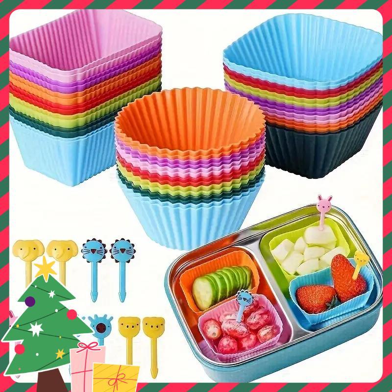 Silicone Muffin Cups & Fruit Forks without Lunch Box, 40pcs set Lunch Box Dividers, Durable, Reusable Baking Tools, Suitable for Home Party Camping Picnic, 2024 Kitchen Gadgets, Fall Decor