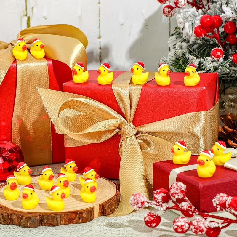 Mini Resin Duck with Santa Hat, 200pcs set Cute Mini Duck Ornament, Micro Landscape Garden Decor, Decorating DIY Craft Ornament, Ideal Christmas Plaything Accessory, Garden Decorations