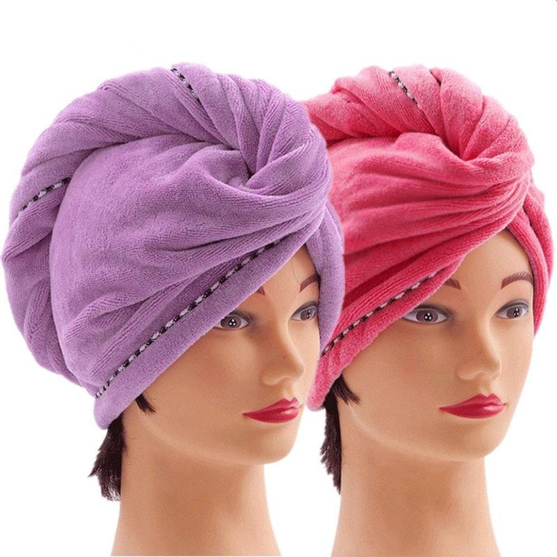 Microfiber Hair Towel for Women 2 Pack, Super Absorbent Hair Towel Wrap Turbans for Wet Hair Drying Anti-Frizz Head Towels with Button for Curly, Long, Short Hair - (Purple + Red)