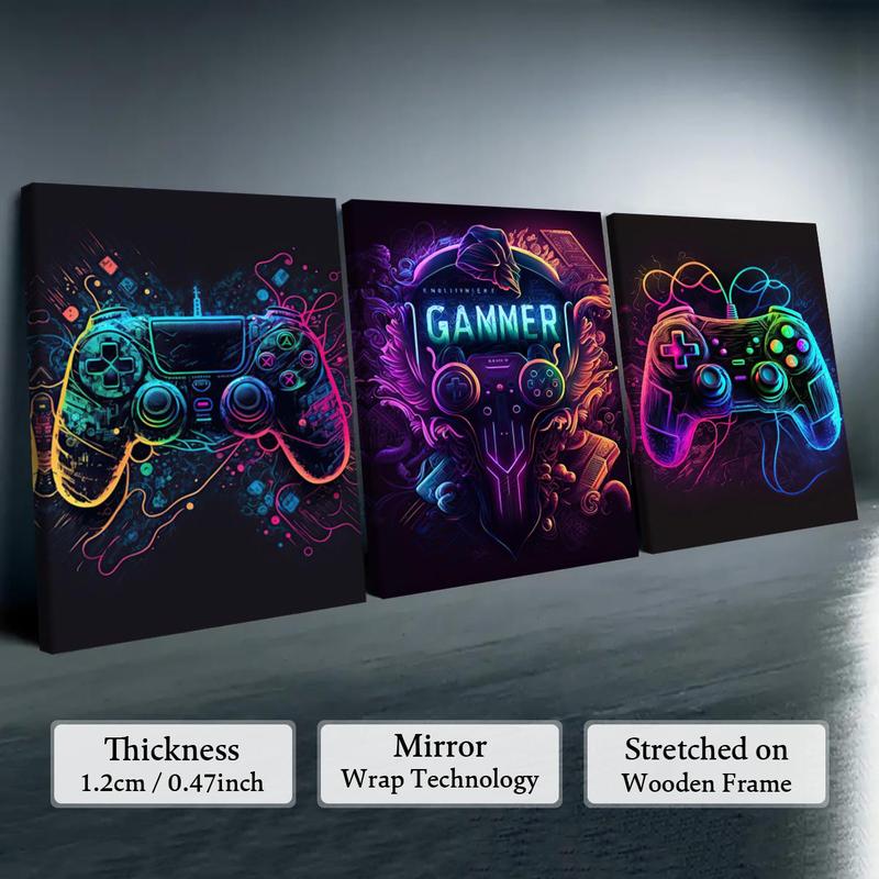 Game Console Neon Pattern Canvas Painting with Frame, 3 Counts set Creative Wall Art Poster, Wall Art Decor for Home Living Room Bedroom Office