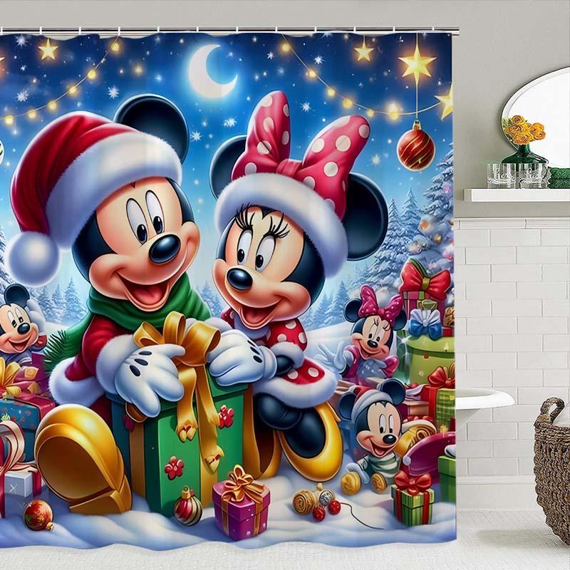 Cartoon Mickey & Minnie Pattern Shower Curtain, 1 Count Waterproof Bathroom Curtain with 12 Hooks, Bathroom Decor Supplies for Home Hotel Salon Dormitory