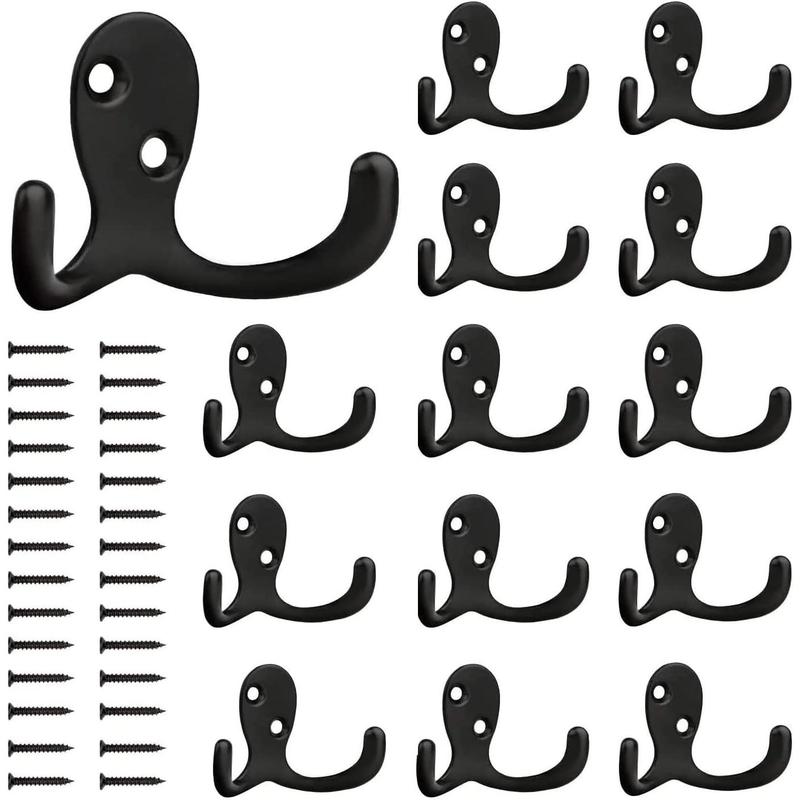 14 Pack Coat Hooks, Heavy Duty Double Prong Coat Hooks Wall Mounted with 28 Screws, No Rust Black Coat Hooks Hardware for Hanging Coat, Scarf, Bag, Towel, Hat, Key, Cup