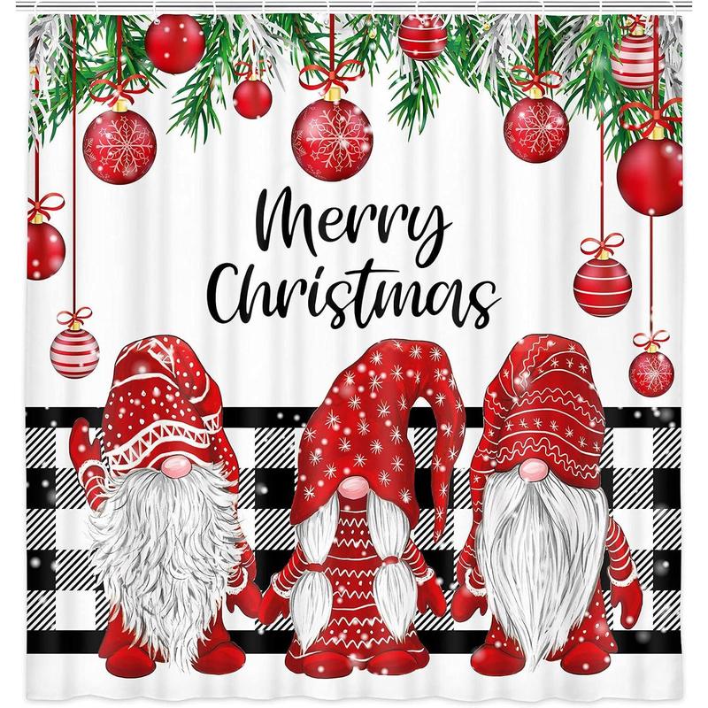 Christmas Shower Curtain, Winter Farmhouse Cute Gnome Fabric Shower Curtain Set with Hooks, Red Xmas Ball with Snowflake on Black and White Buffalo Check Plaid Cloth Bathroom Accessories Decor,71X71in